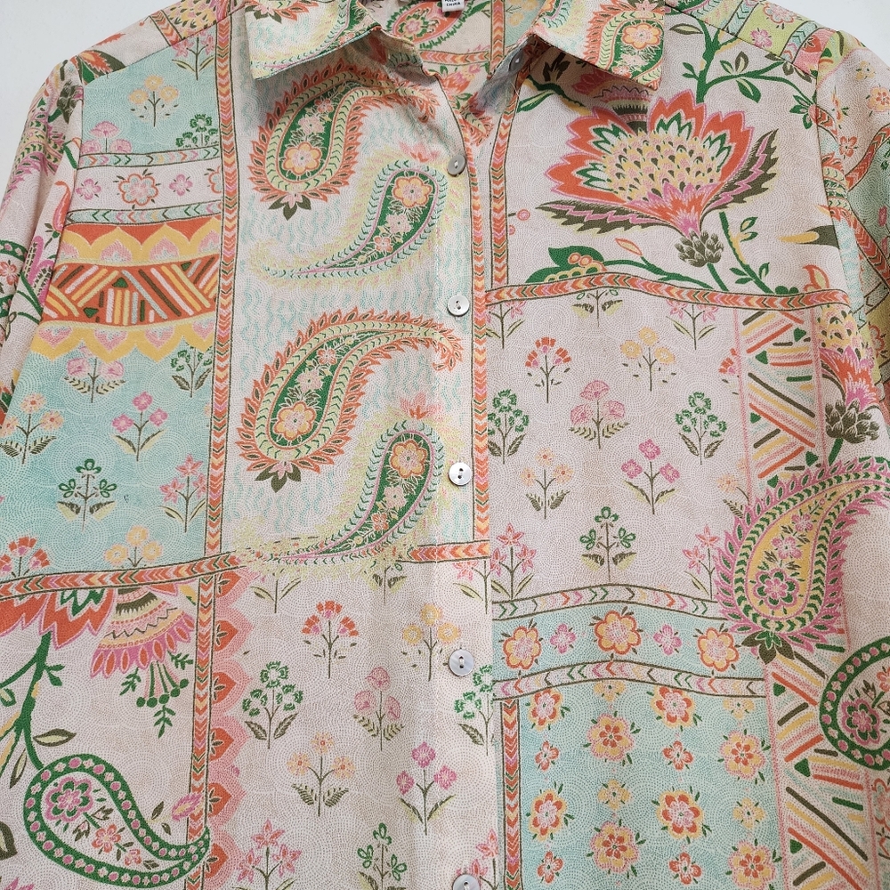 Rose + Olive Paisley Patchwork Button-Down Blouse… - image 4